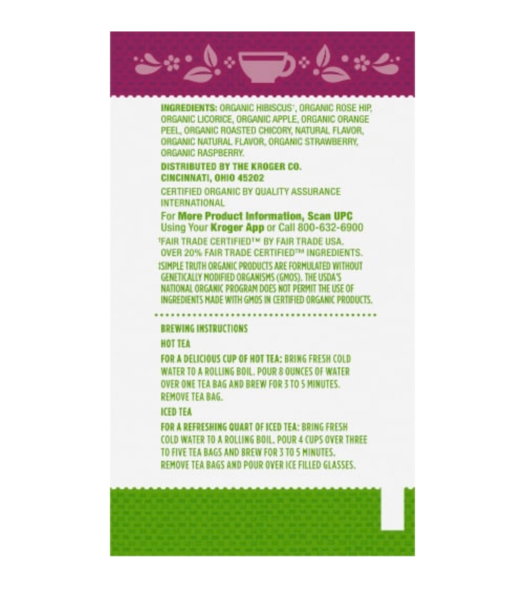 Simple Truth Organic Hibiscus Strawberry Raspberry 20 Tea Bags